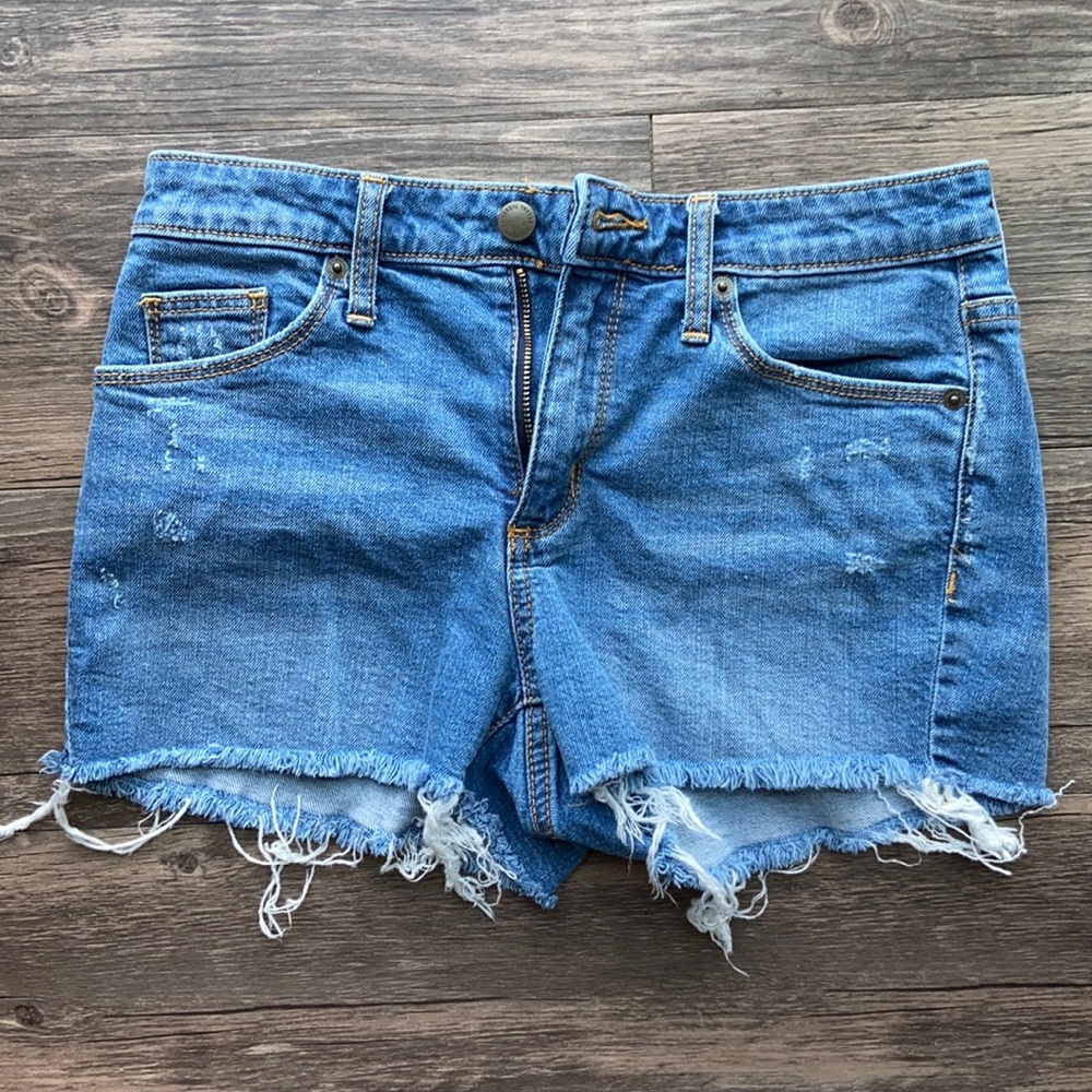 High rise jean shorts w/ distressed details